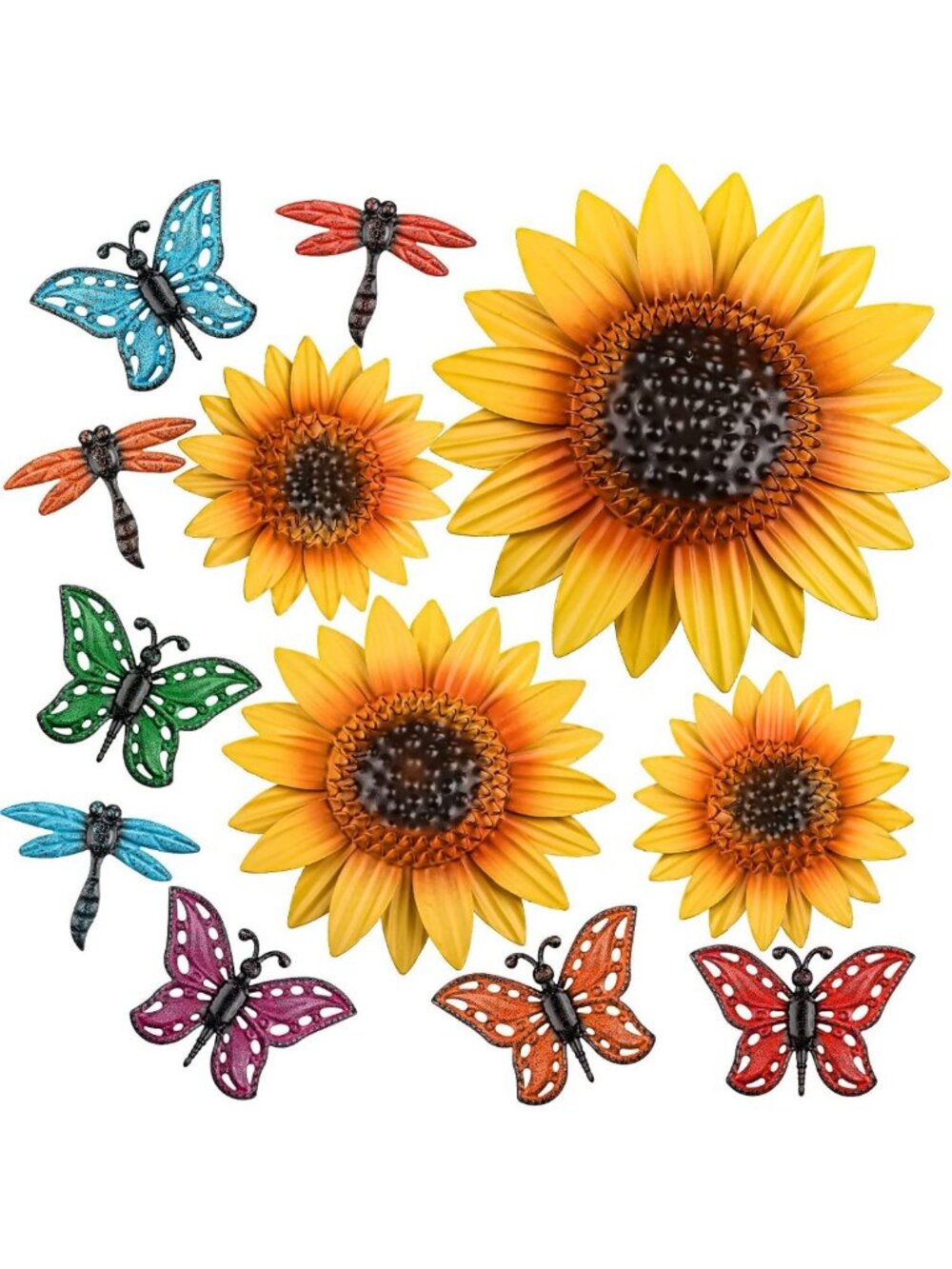 Colorful Metal Sunflower Wall Decor Set - 12 Pcs with Dragonfly & Butterfly Art
